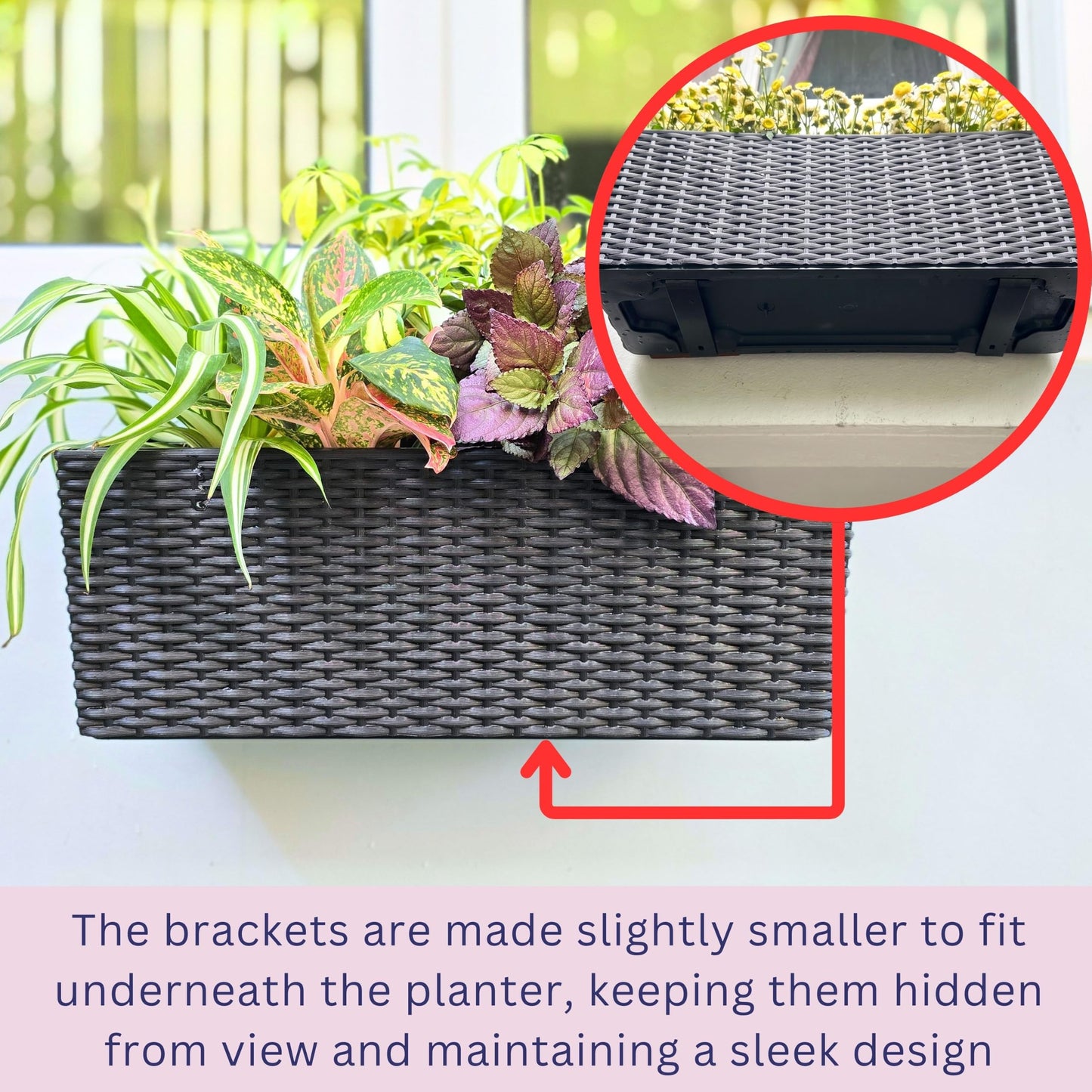 Self-Watering Wall Mount Plant Planter Boxes 2 Pack, Black Rectangular Indoor Outdoor Herb Window Flower Pots
