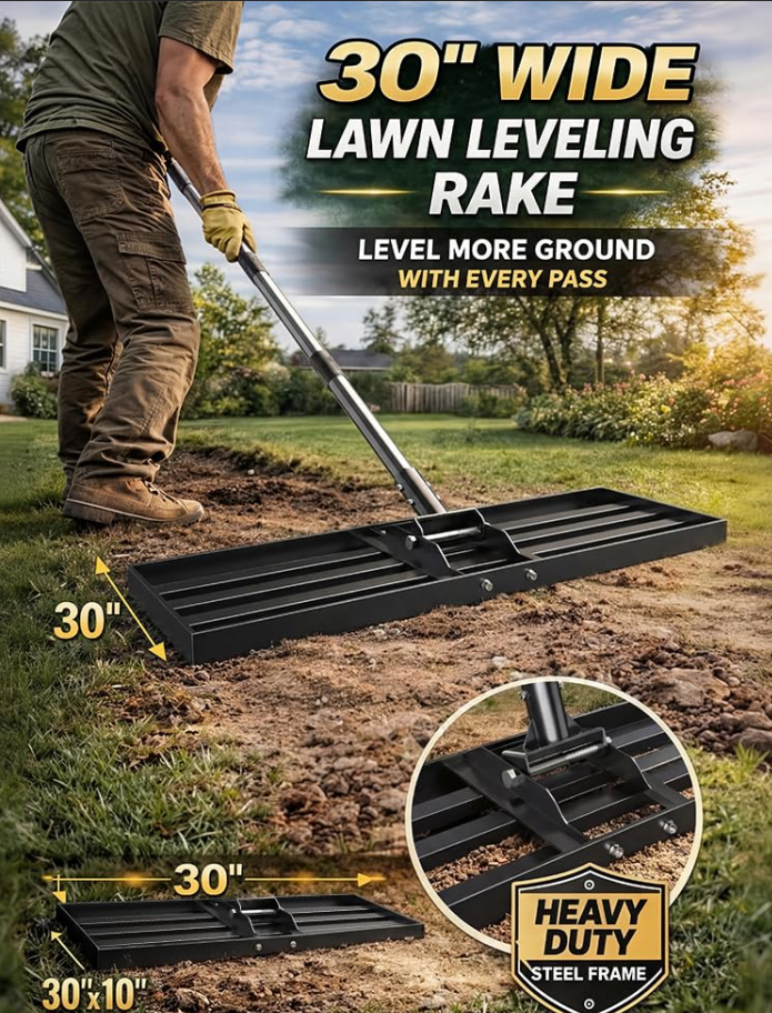Heavy Duty Stainless Steel Lawn Leveling Rake 72" Long, 30x10in Yard Leveler for Golf & Garden Landscaping