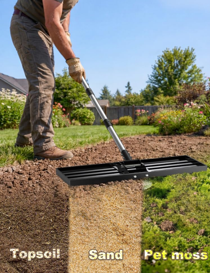 Heavy Duty Stainless Steel Lawn Leveling Rake 72" Long, 30x10in Yard Leveler for Golf & Garden Landscaping