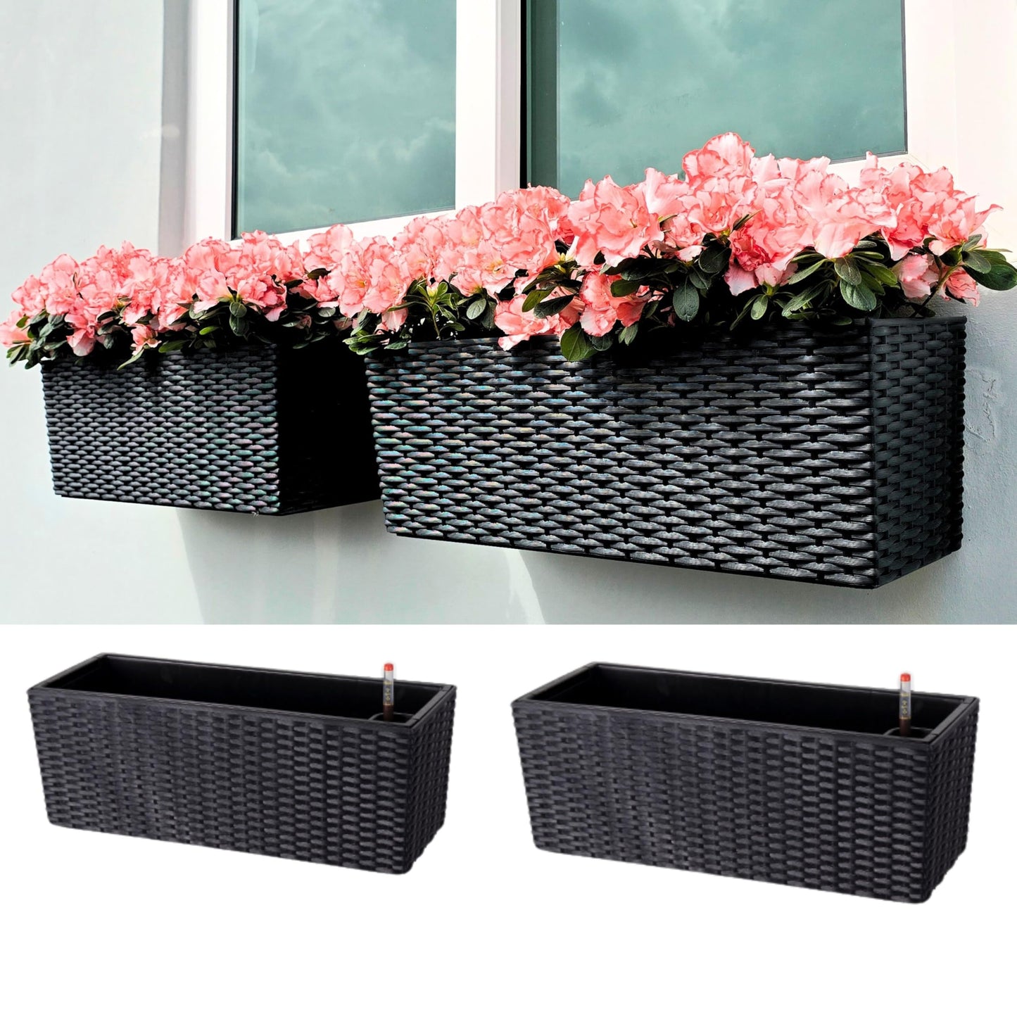 Self-Watering Wall Mount Plant Planter Boxes 2 Pack, Black Rectangular Indoor Outdoor Herb Window Flower Pots