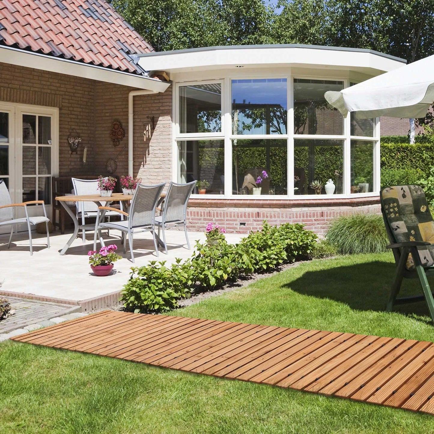 Weather Resistant Roll Up Cedar Wood Walkway, 8' Straight Decorative Garden Path for Outdoor Wedding Beach