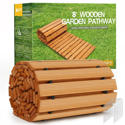 Weather Resistant Roll Up Cedar Wood Walkway, 8' Straight Decorative Garden Path for Outdoor Wedding Beach