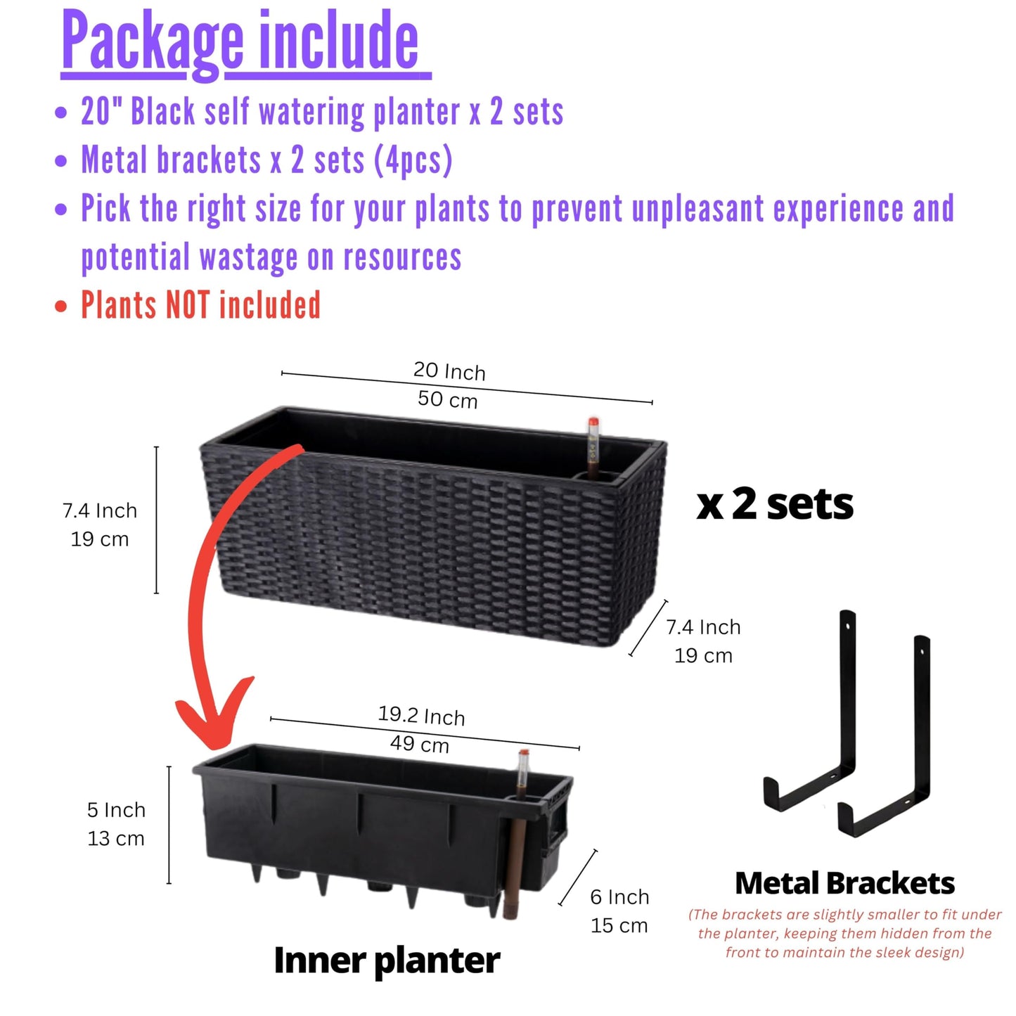 Self-Watering Wall Mount Plant Planter Boxes 2 Pack, Black Rectangular Indoor Outdoor Herb Window Flower Pots