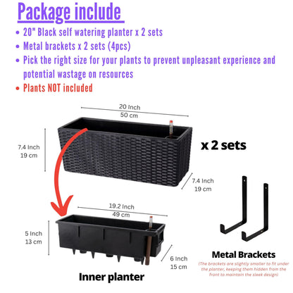 Self-Watering Wall Mount Plant Planter Boxes 2 Pack, Black Rectangular Indoor Outdoor Herb Window Flower Pots