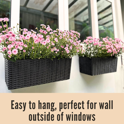 Self-Watering Wall Mount Plant Planter Boxes 2 Pack, Black Rectangular Indoor Outdoor Herb Window Flower Pots