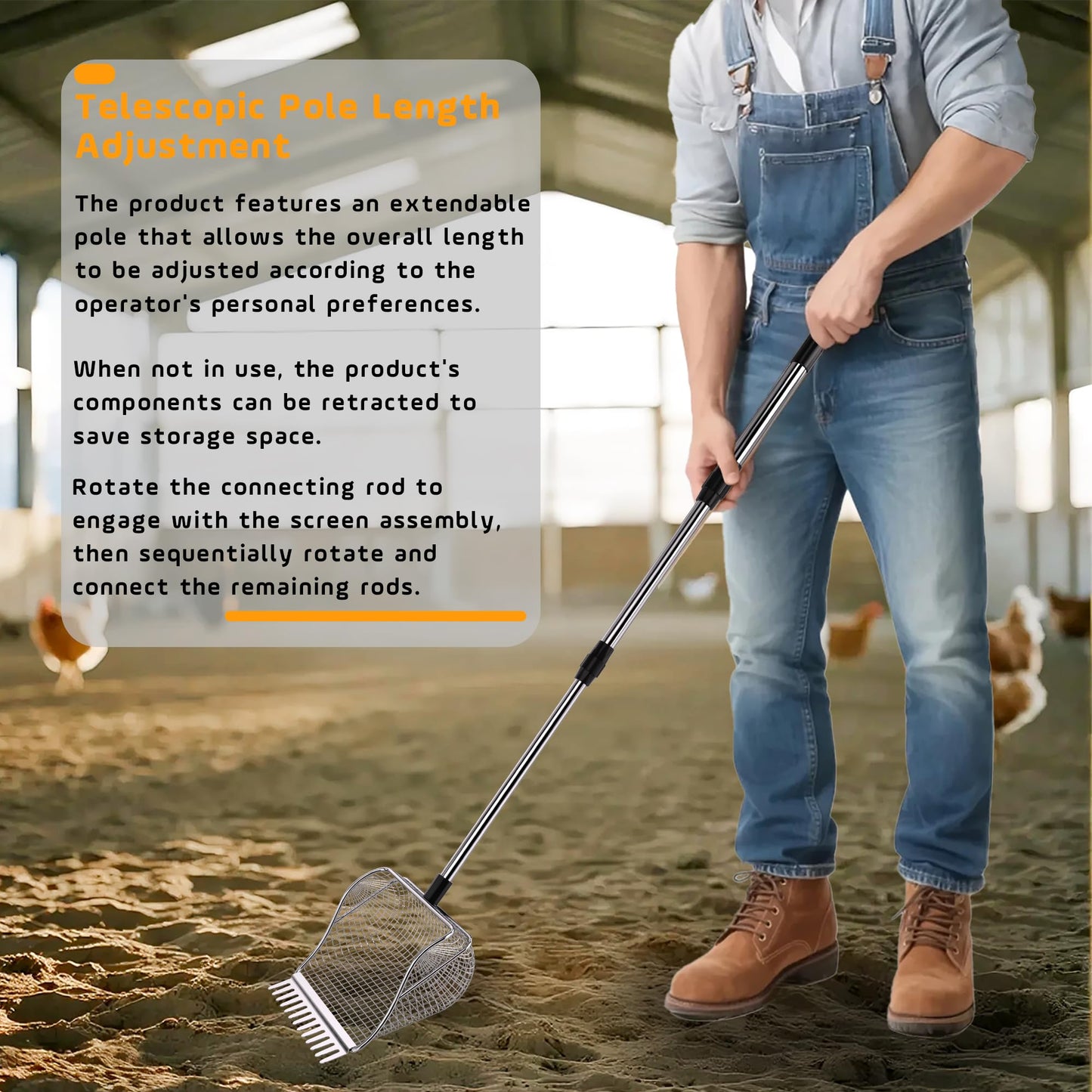 Adjustable Length Stainless Steel Chicken Coop Poop Scooper, Heavy Duty Poultry Manure Cleaning Shovel