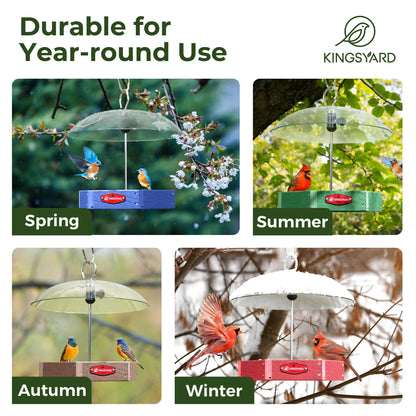 Squirrel Proof Hanging Bird Feeder with Adjustable Rain Dome, Large Mesh Tray Wild Bird Seed Feeding Station