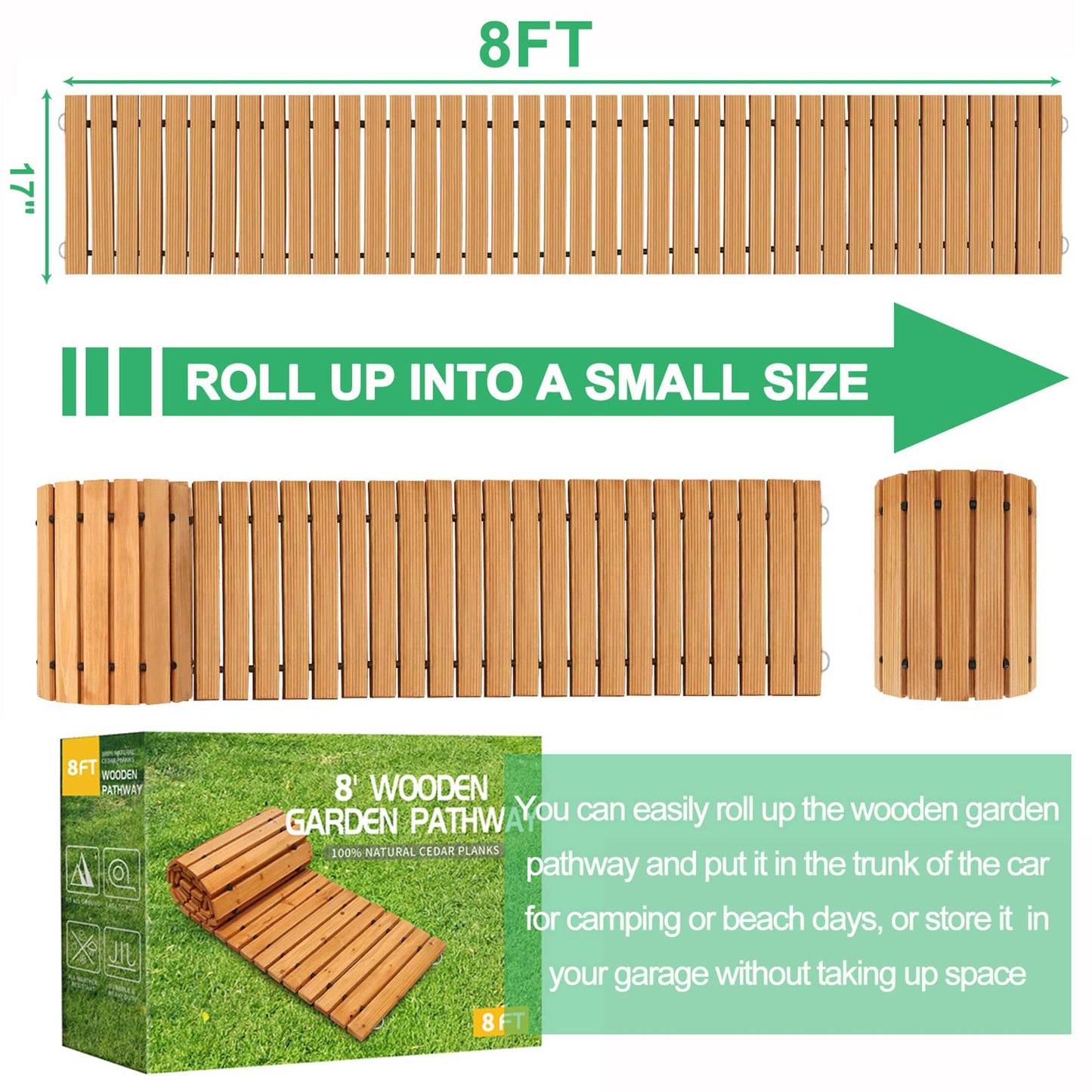 Weather Resistant Roll Up Cedar Wood Walkway, 8' Straight Decorative Garden Path for Outdoor Wedding Beach