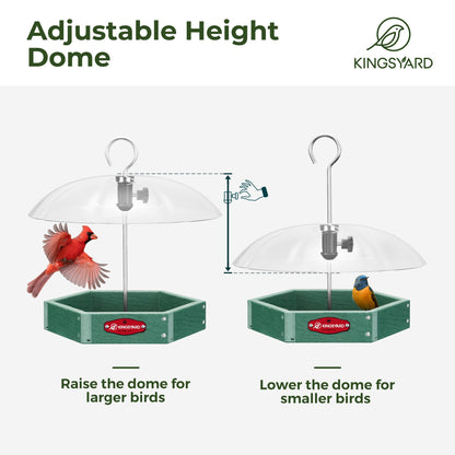 Squirrel Proof Hanging Bird Feeder with Adjustable Rain Dome, Large Mesh Tray Wild Bird Seed Feeding Station