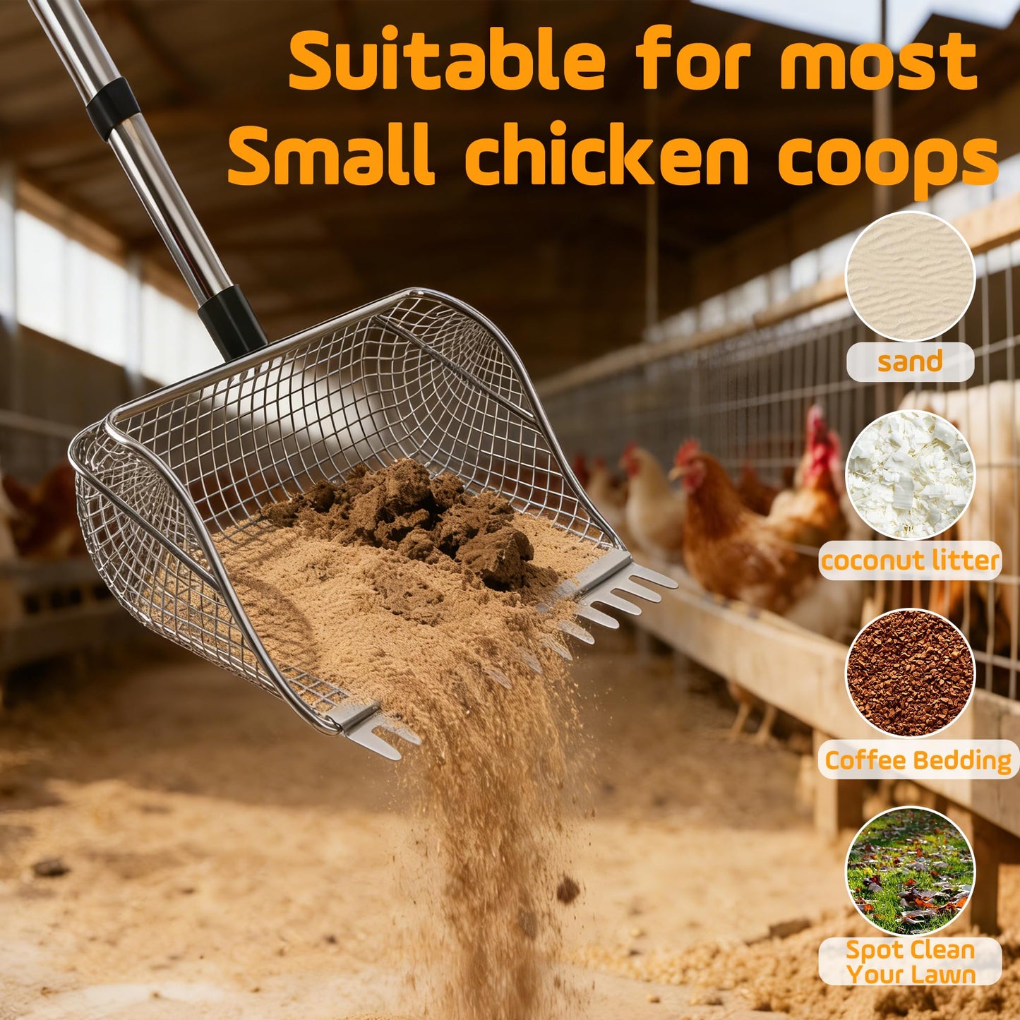 Adjustable Length Stainless Steel Chicken Coop Poop Scooper, Heavy Duty Poultry Manure Cleaning Shovel