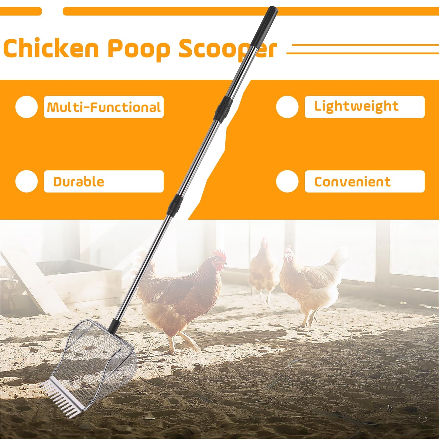 Adjustable Length Stainless Steel Chicken Coop Poop Scooper, Heavy Duty Poultry Manure Cleaning Shovel