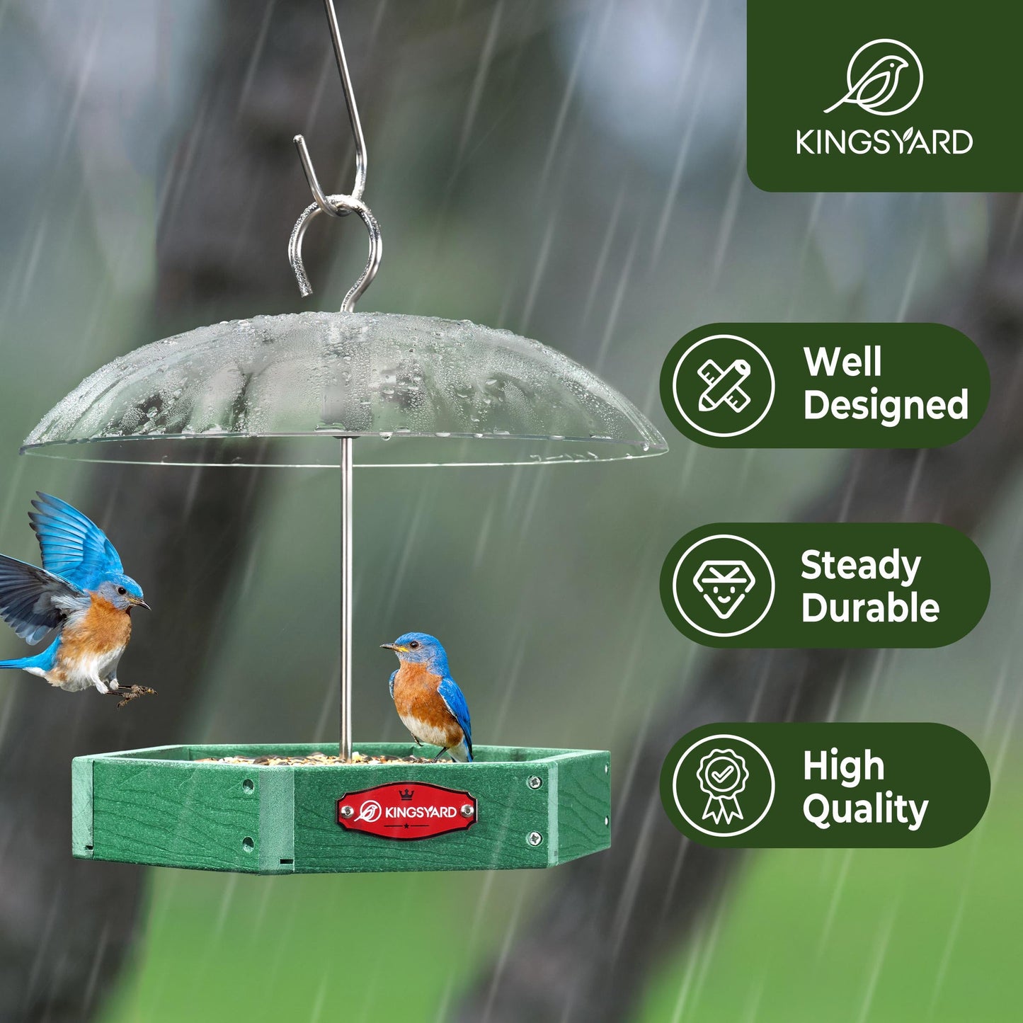 Squirrel Proof Hanging Bird Feeder with Adjustable Rain Dome, Large Mesh Tray Wild Bird Seed Feeding Station
