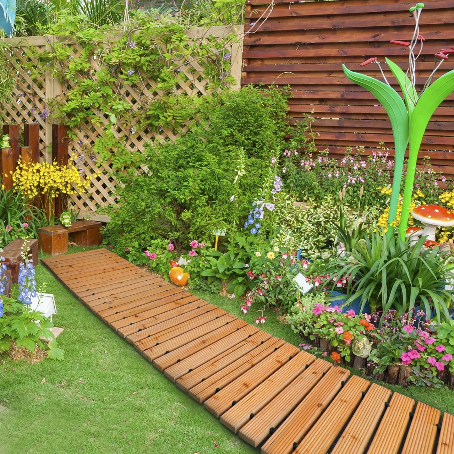 Weather Resistant Roll Up Cedar Wood Walkway, 8' Straight Decorative Garden Path for Outdoor Wedding Beach