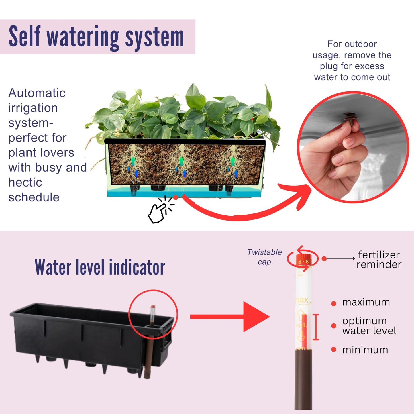 Self-Watering Wall Mount Plant Planter Boxes 2 Pack, Black Rectangular Indoor Outdoor Herb Window Flower Pots