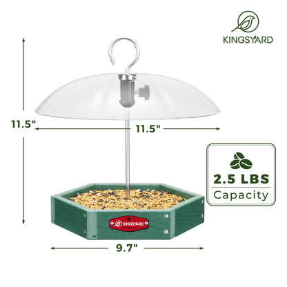Squirrel Proof Hanging Bird Feeder with Adjustable Rain Dome, Large Mesh Tray Wild Bird Seed Feeding Station