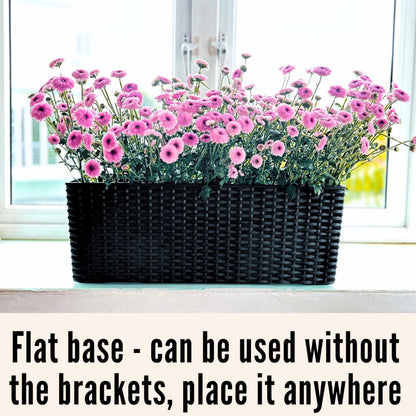 Self-Watering Wall Mount Plant Planter Boxes 2 Pack, Black Rectangular Indoor Outdoor Herb Window Flower Pots