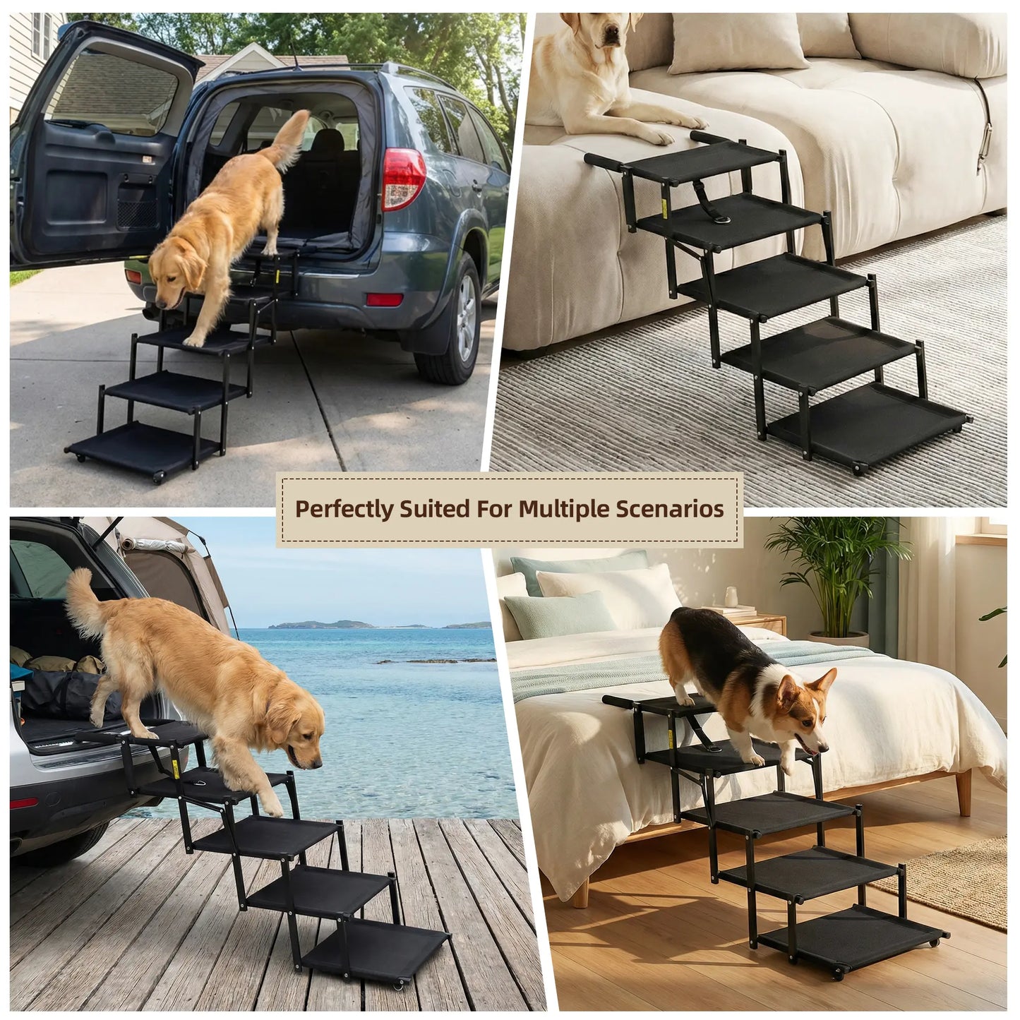 Portable Foldable 5 Step Dog Car Stairs, Anti-Slip Sturdy Pet Steps for SUV Truck Vehicles